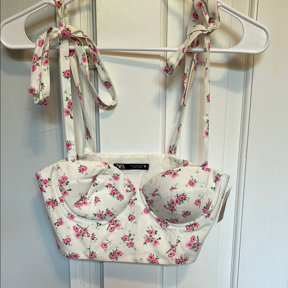 Zara White Floral Bustier Top